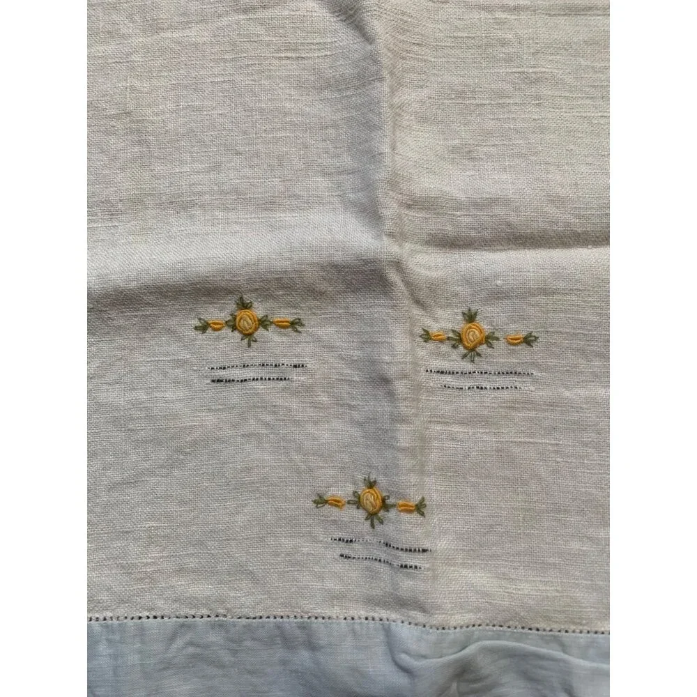Vintage Hand Embroidered Linen Towel Yellow Rose Trim 16
